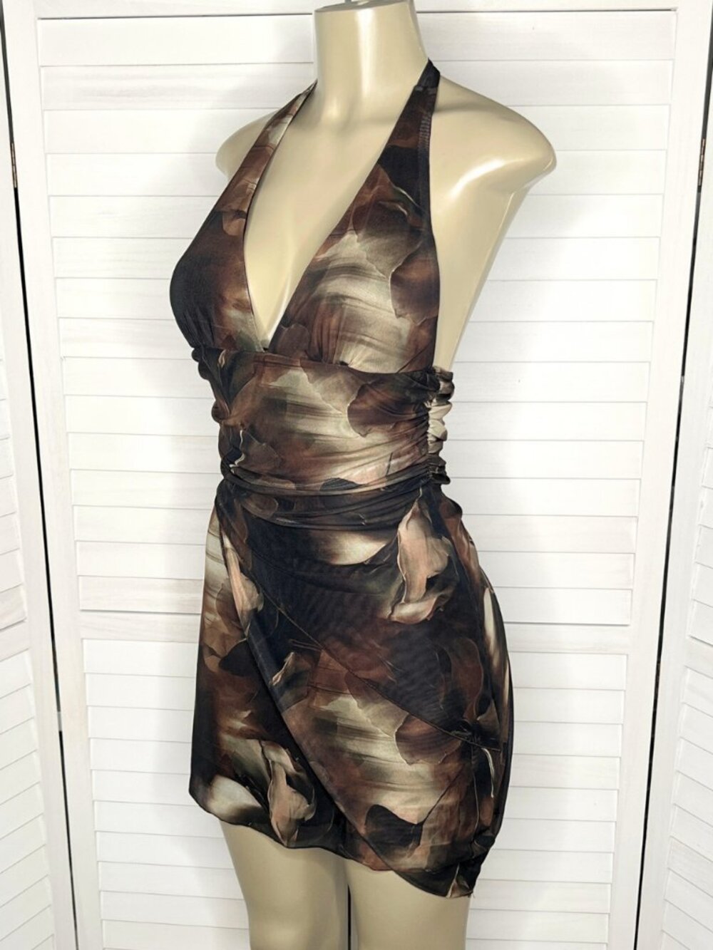 Chocolate USA Brown Dark Floral Mesh Halter Mini Dress